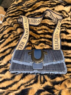 True Religion Denim Crossbody with Beige Branded Strap and Silver Hardware